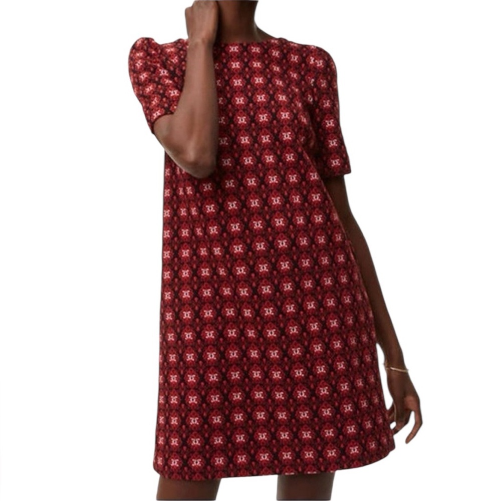 LOFT Ann Taylor Red Black Floral Medallion Textured Jacquard Shift Dress Medium